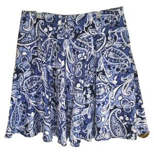 LRL Ralph Lauren Skirt Paisley A-Line Knee Navy White Cotton Pockets Size 16